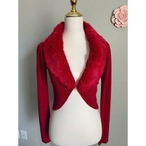 Vintage XOXO Collection Women Red Cropped Fur Collar Cardigan Bolero Sweater M